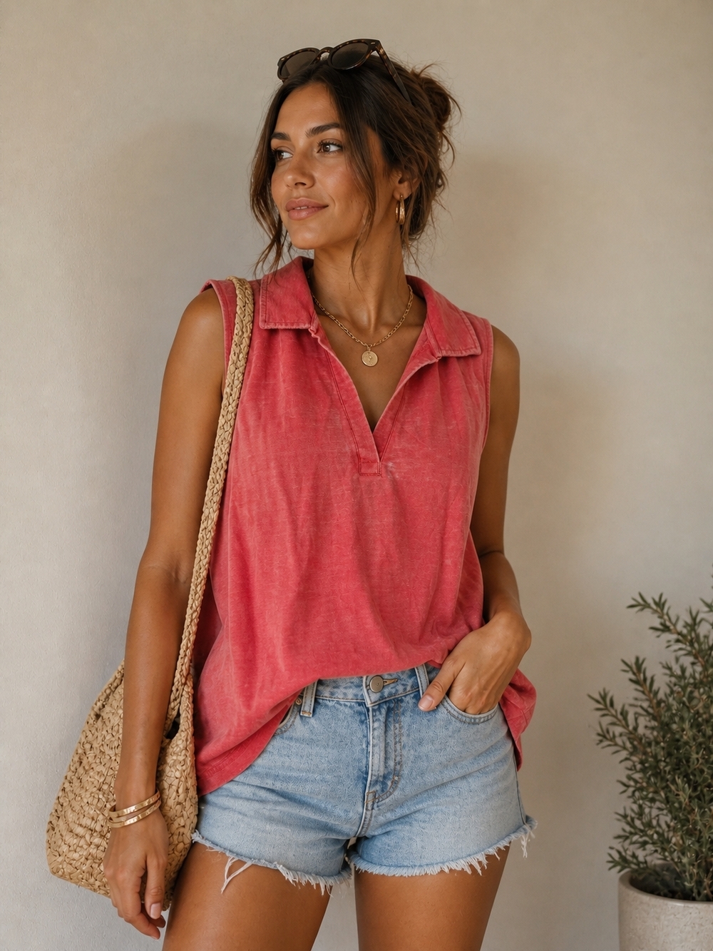 Jane and Delancey Sleeveless Collared V-Neck Tank in Washed Coral Rose
